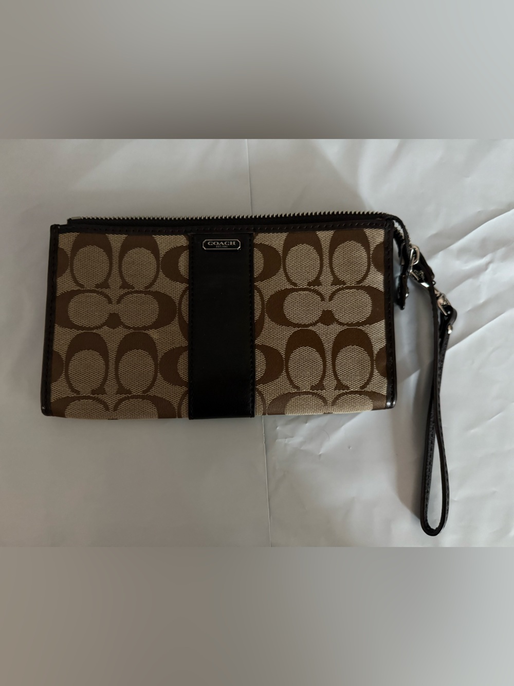 Coach Signature Canvas Zip Wristlet in Tan and Brown